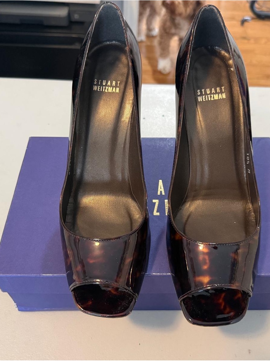 Stuart Weitzman Tortoiseshell Patent Peep-Toe Pumps - Dark Brown/Black